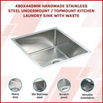 490x440mm Handmade Stainless Steel Undermount / Topmount Kitchen Laundry Sink with Waste V63-770015