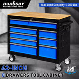 HORUSDY 42 inch 8 Drawer Tool Cabinet 1000 lbs Wood Top Power Strip Casters Blue V465-86514