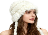 Women's Thick Rabbit Fur Knit Beanie Hat with Nordic Braids for Winter Warm, Ear Protection Thermal V1258-DP02-F-887