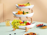 CARLA HOME 3-Tier Ceramic Fruit Bowl Basket with Bamboo Stand for Kitchen Counter, Snack Tray, LSB-36196