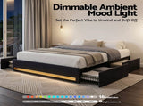 Artiss Double Bed Frame with Storage Drawers RGB Lights Charging Station Upholstered Fabric BFRAME-H-ZENO-D-BK-ABC