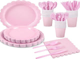 7-Piece Pink Scalloped Party Tableware Set with Floral Wavy Edges Elegant Disposable Paper Plates V888-ELOSUNG49996