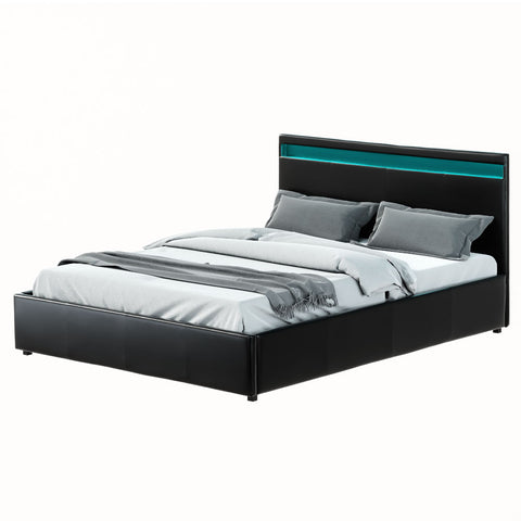 Artiss Bed Frame Queen Size LED Gas Lift Black COLE BFRAME-E-COLE-Q-BK-ABC