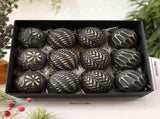 Vintage Embossed Christmas Baubles 8cm, 12 Pack Black Ornaments, Distressed Retro Embossed Design, V1221-XM-LB2792-GM111