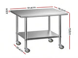 Cefito 914x762mm Stainless Steel Kitchen Bench w/ Splashback Work Table Prep Bench Commercial 430 SSKB-430S-WHEEL-36-30