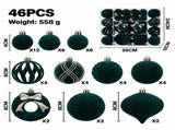 46-Piece Flocked Christmas Ornament Set with Balls, Rings, and Teardrop Shapes for Holiday Tree, V1341-ZY-RNPBEDZB-DARKGREEN