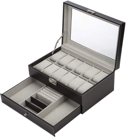 Black Leather Watch Box Jewelry Display Case with Drawers V178-52618