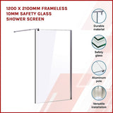 1200 x 2100mm Frameless 10mm Safety Glass Shower Screen V63-829721