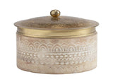 Hand Carved Round Wood Box W Pressed Metal Lid 13cm V637-59060BOX