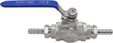 3 Way Shut Off Ball with 3/8" Hose Barb Fittings Stainless Steel T Type Three Way by Pass V1258-DP02-C-2583