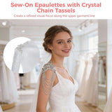 1 Pair White Beaded Rhinestone Applique, Sew-On Epaulettes with Crystal Chain Tassels, Elegant V1369-AZ3-W-08806