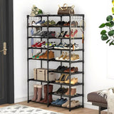 SOGA 16-Shelf Tier Shoe Storage Shelf Space-Saving Caddy Rack Organiser with Side Hooks Black RACK0003