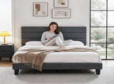 Artiss Queen Bed Frame Upholstered Platform Base with Geometric Headboard Charcoal Grey Linen Wood BFRAME-H-HUSH-Q-CA-AB