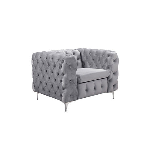 Single Seater Grey Sofa Classic Armchair Button Tufted in Velvet Fabric with Metal Legs V43-SOF-JAQS1SGR