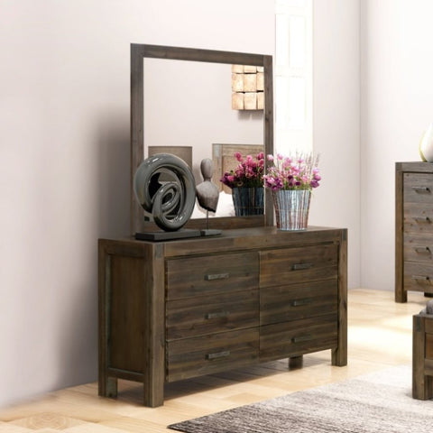 Dresser with 6 Storage Drawers in Solid Acacia & Veneer With Mirror in Chocolate Colour V43-DRS-NOW-CH