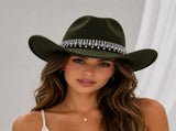 Rhinestone Cowboy Hat - Army Green Western Hat with Iridescent Gemstone Fringe Band, Wide Curved V888-ELOSUNG57116-4