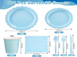 7-Piece Light Blue Scalloped Party Tableware Set for 25 Guests - Disposable Paper Plates 7 / 9 inch, V888-ELOSUNG52034