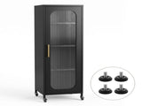 Artiss Buffet Cabinet Sideboard Slim Fluted Kitchen Storage Trolley Wheels Black AI-B-SID40-4T-BK