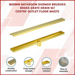 800mm Bathroom Shower Brushed Brass Grate Drain w/ Centre outlet Floor Waste V63-844711