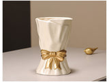 Beige Elegant Ceramic Vase with Golden Bow Accent - Textured Relief Flower Holder for Living Room & V888-ELOSUNG27750