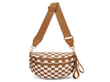 Light Brown Checkered Trendy Sling Bag - Women's Crescent Crossbody Purse with Wide Adjustable Strap V888-ELOSUNG33479