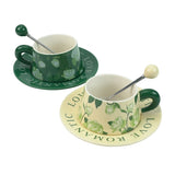 2X High-Fired Ceramic Porcelain Cup & Saucer Set 300ml Vintage Floral Tea Spoon GREEN V274-HA-LA-P0024822-GNYE