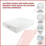 Palermo Double Mattress 30cm Memory Foam Green Tea Infused CertiPUR Approved V63-826501