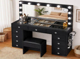 Artiss Dressing Table Charging Station LED Vanity Desk Set Stool Glass Top Make up Mirror Storage FURNI-L-DRESS08-BK-ABC