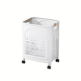 A wheeled foldable plastic laundry basket, suitable for dirty clothesnd easy to move. It features V1102-XYL001