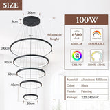 BAMDECOR A18801 Modern LED Chandelier, Dimmable Pendant Light with Remote Control Rings Round V255-BAM-18801/5-BLK