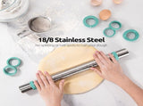 18/8 Stainless Steel 16 inch Adjustable Rolling Pin with Silicone Removable Thickness Rings, V1258-DP02-C-365