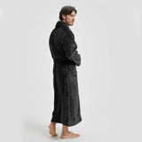 Men's Flannel Bathrobe Black L Size - Soft Coral Fleece Hooded Kimono Collar Dressing Gown Loose Fit V888-ELOSUNG54496