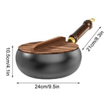 Hand Forged Uncoated Iron Frying Pan with Wooden Lid, Large Belly Wok for Searing and Sautng, V1366-AZ2-W-14769