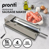 Pronti 5L Sausage Stuffer Stainless Steel with 4 Filling Tubes - Horizontal SSG-STR-HTL-5L