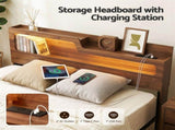 Artiss Queen Bed Frame Metal with Charging Station LED Light Storage Shelf MBED-D-ROCK-Q-WD-AB