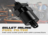 6AN Inline Fuel Filter, Anodized Aluminum Build, 30 Micron Bronze Filter Element, High Flow V1369-AZ3-W-12019