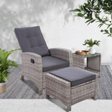 Gardeon 3PC Recliner Chairs Table Sun lounge Wicker Outdoor Furniture Adjustable Grey ODF-RECLINER-CHOTTB-3GE