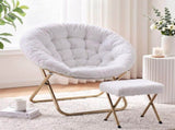 Artiss Comfy Saucer Chair Soft Faux Fur Foldable Accent Chair with Ottoman White XFBS-AR-SAUWOT-WH