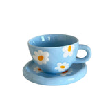 Ceramic Coffee Mug, White and Blue Floral Handpainted Stoneware Tea Cup with Handles, Microwave, V1370-AZ4-06311