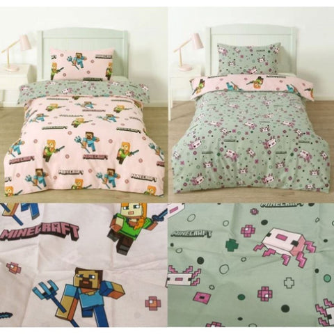 MOJANG Minecraft Reversible Cotton Boys Girls Quilt Cover Set Single V442-CAP-QUILTCS-MINECRAFT-PINKGREY-SB