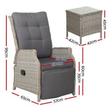 Gardeon 3PC Recliner Chairs Table Sun lounge Outdoor Furniture Wicker Adjustable Grey ODF-RCL-RW-FT-3GE