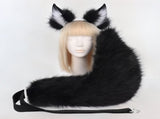 Black Plush Faux Fur Fox Ears Headband and Tail Set - Realistic Animal Costume for Cosplay & Parties V888-ELOSUNG33559