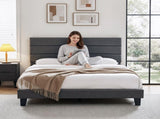 Artiss Queen Bed Frame Upholstered Platform Base with Geometric Headboard Charcoal Grey Linen Wood BFRAME-H-HUSH-Q-CA-AB