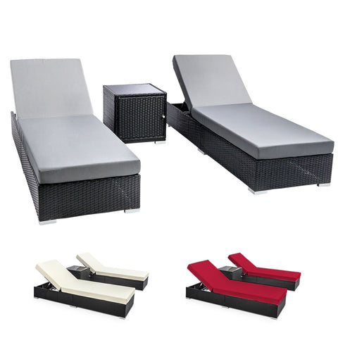 Gardeon 3PC Sun Lounge Wicker Lounger Outdoor Furniture Day Bed Rattan Garden FF-LOUNGE-BK-AB