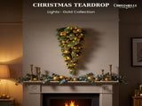 Christabelle 90cm Gold Christmas Teardrop Wreath Pre Lit Warm White LED Timer Baubles Berries F 112_SENG90T