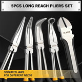 ELEAD 5Pcs 11" Long Reach Needle Nose Pliers Set w/ Magnetic Racks&Roll-Up Pouch V465-70170