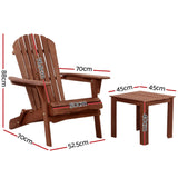 Gardeon 3PC Adirondack Outdoor Table and Chairs Wooden Foldable Beach Chair Brown FF-BEACH-SET-3PC-NTLBR