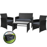 Gardeon 4 PCS Outdoor Sofa Set with Storage Cover Rattan Chair Furniture Black ODF-RATTAN-4PC-AB-BK-COVER