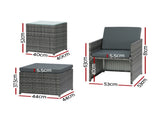 Gardeon 5PC Bistro Set Wicker Table and Chairs Ottoman Outdoor Furniture Grey FF-CH-ST-5PCS-GE