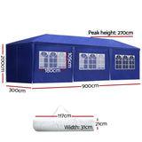 Instahut Gazebo 3x9m Marquee Wedding Party Tent Outdoor Camping Side Wall Canopy 8 Panel Blue GAZEBO-WED-C-FG-3X9-8W-BL